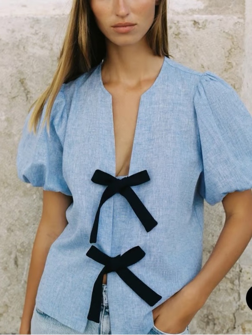 Zara Light Blue Puff Sleeve Top with Black Ribbon Bows
